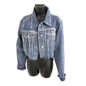 Stunning crystal rhinestone studded‎ raw hem rhinestone fringe blue jean jacket